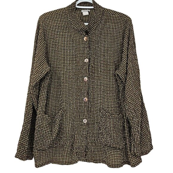 Match Point Seersucker Gingham Plaid Button Up Top Womens Size M Boxy Lagenlook - Picture 1 of 11